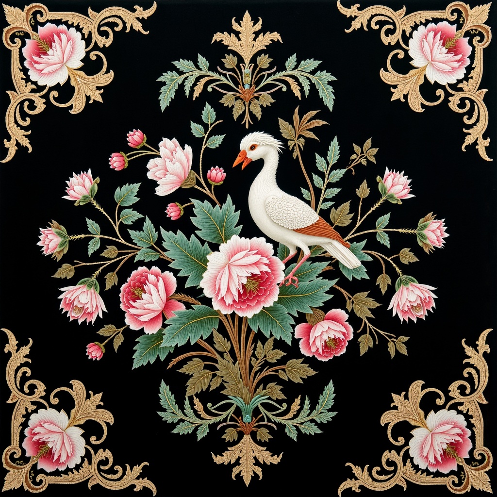 embroidery,there is a picture of a bird and flowers on a black background,floral embroidery,victorian textiles,embroidered brocade,fabric embroidery,luxury journal cover,baroque cloth,highly detailed pattern,panel of black,8k fabric texture details,flowers. baroque elements,baroque wallpaper,intricate dark background,flower motif,ornate background,fine foliage lace,black rococo,ornate decorative background,inside stylized border,1 8 th century spring ornaments,decorative border,beaded embroidery,baroque frame border,background **** of big curtains,detailed lacework,directoire style,very detailed black feathers,filigree border,jewel embellishment,extremely intricate high detail,chinoiserie pattern,richly detailed colored,ornamental edges,