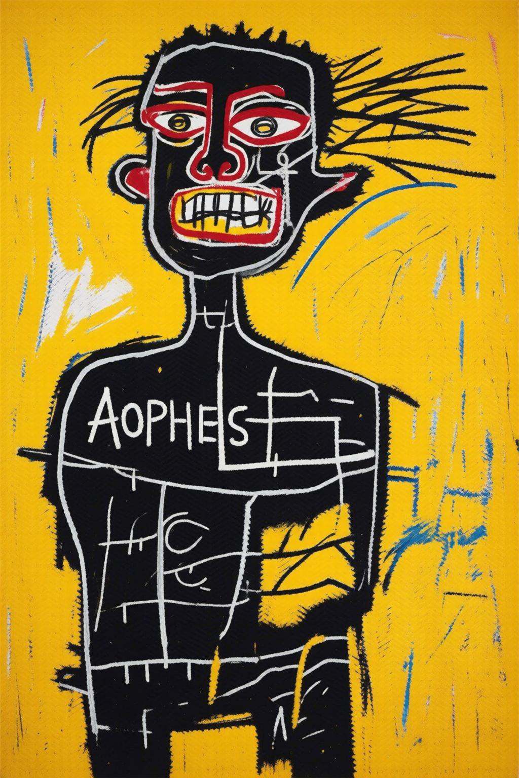 jeanmichelbasquiat2q painting.A man with exaggerated features on a bright yellow background. The figure has a black body a...