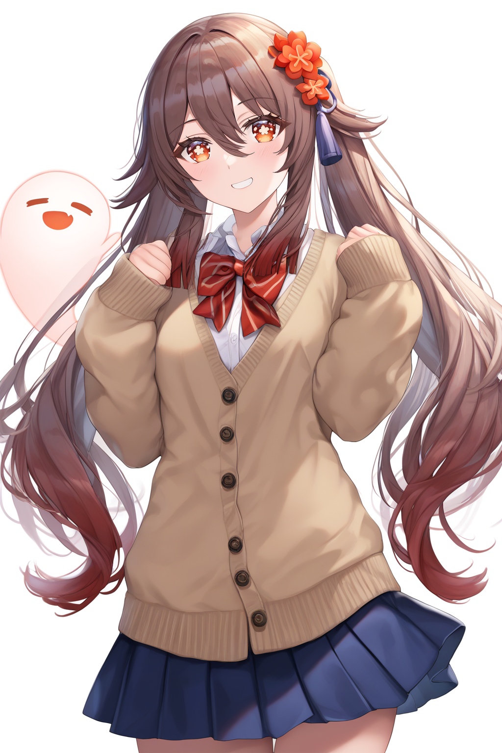 score_9,score_8_up,score_7_up,score_6_up,source_anime,source_cartoon,<lora:hutaoTUPONYXL-000001:1>,hu tao \(genshin impact\), 1girl, boo tao \(genshin impact\), smile, skirt, brown hair, flower-shaped pupils, twintails, long hair, bowtie, red bowtie, red eyes, school uniform, flower, brown cardigan, red bow, bow, cardigan, hair ornament, thighs, looking at viewer, hair flower, solo, long sleeves, pleated skirt, twitter username, grin, ghost, blue skirt, blush, shirt, hands up, white background, simple background, cowboy shot, white shirt, hair flaps, plum blossoms, sleeves past wrists, collared shirt, miniskirt, hair between eyes, sidelocks, teeth, looking down