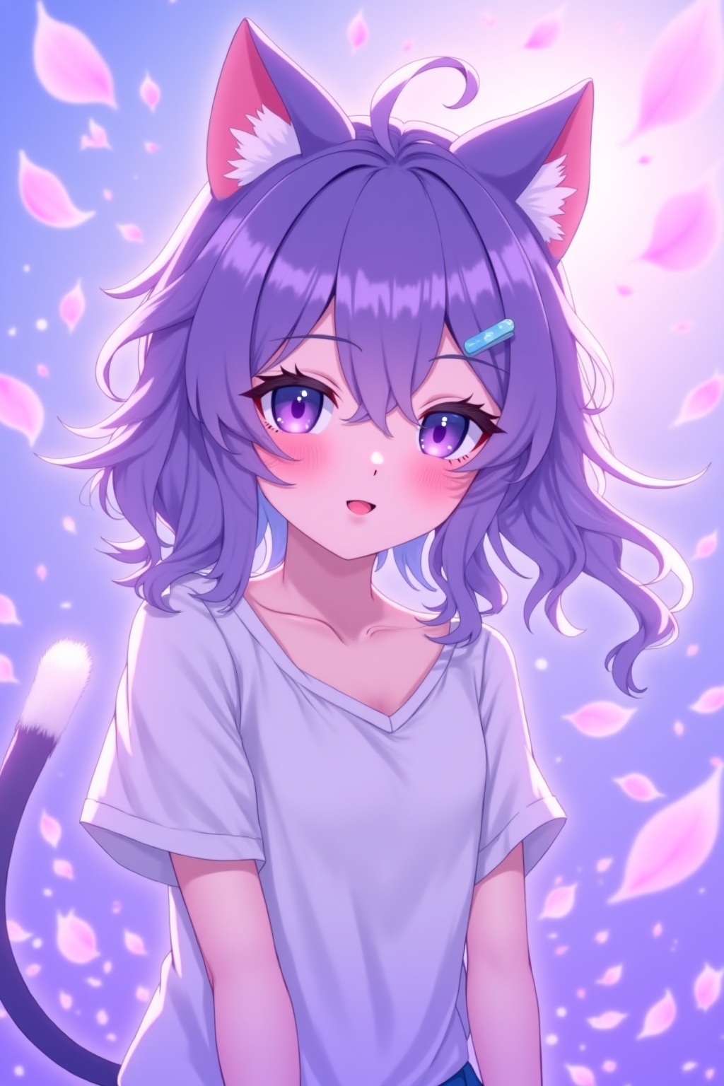 Best picture quality, 8K, a beautiful girl, flying purple petals, 2 cat ears,