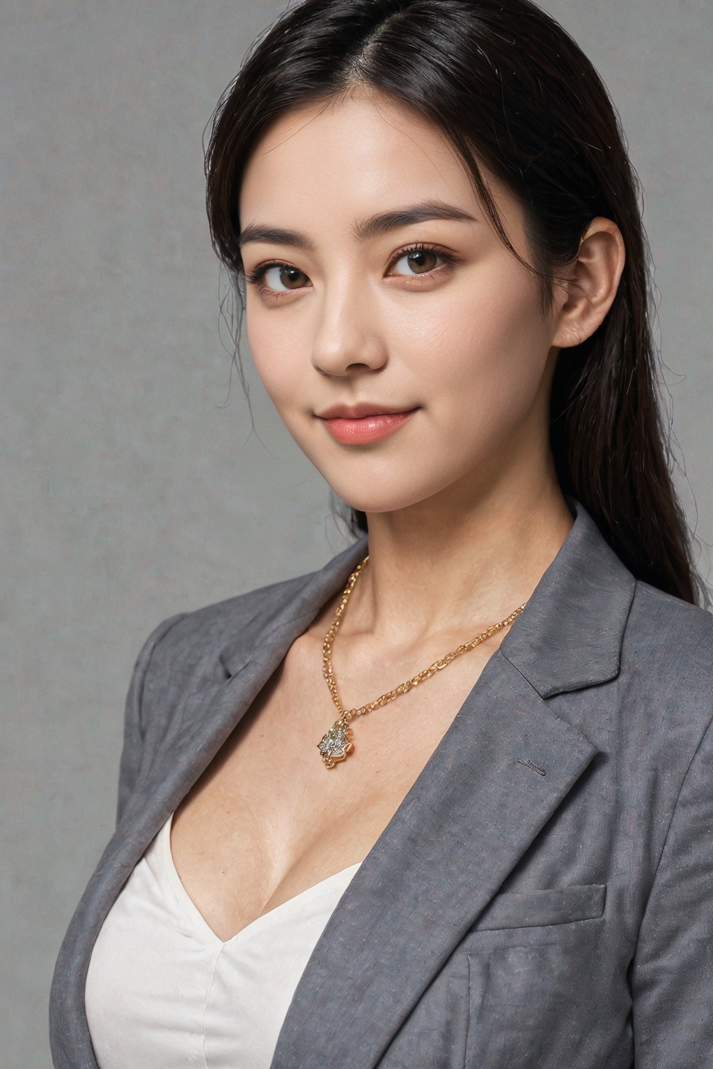 1girl, solo, realistic, photorealistic, jewelry, realistic, (large breasts:1.2), necklace, (smirk:0.3), long hair, looking at viewer, brown eyes, jacket, simple background, grey background, upper body, formal, suit, black hair, brown hair, shirt, jacket, collarbone, long sleeves