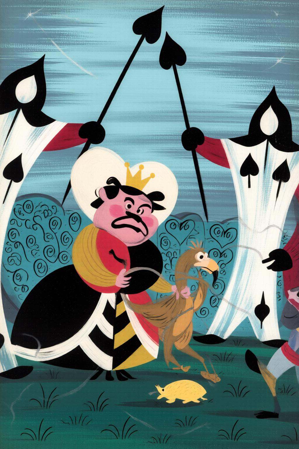 maryblair4q illustration.The Queen of Hearts and the King are playing croquet,  with three guards watching. The central fi...