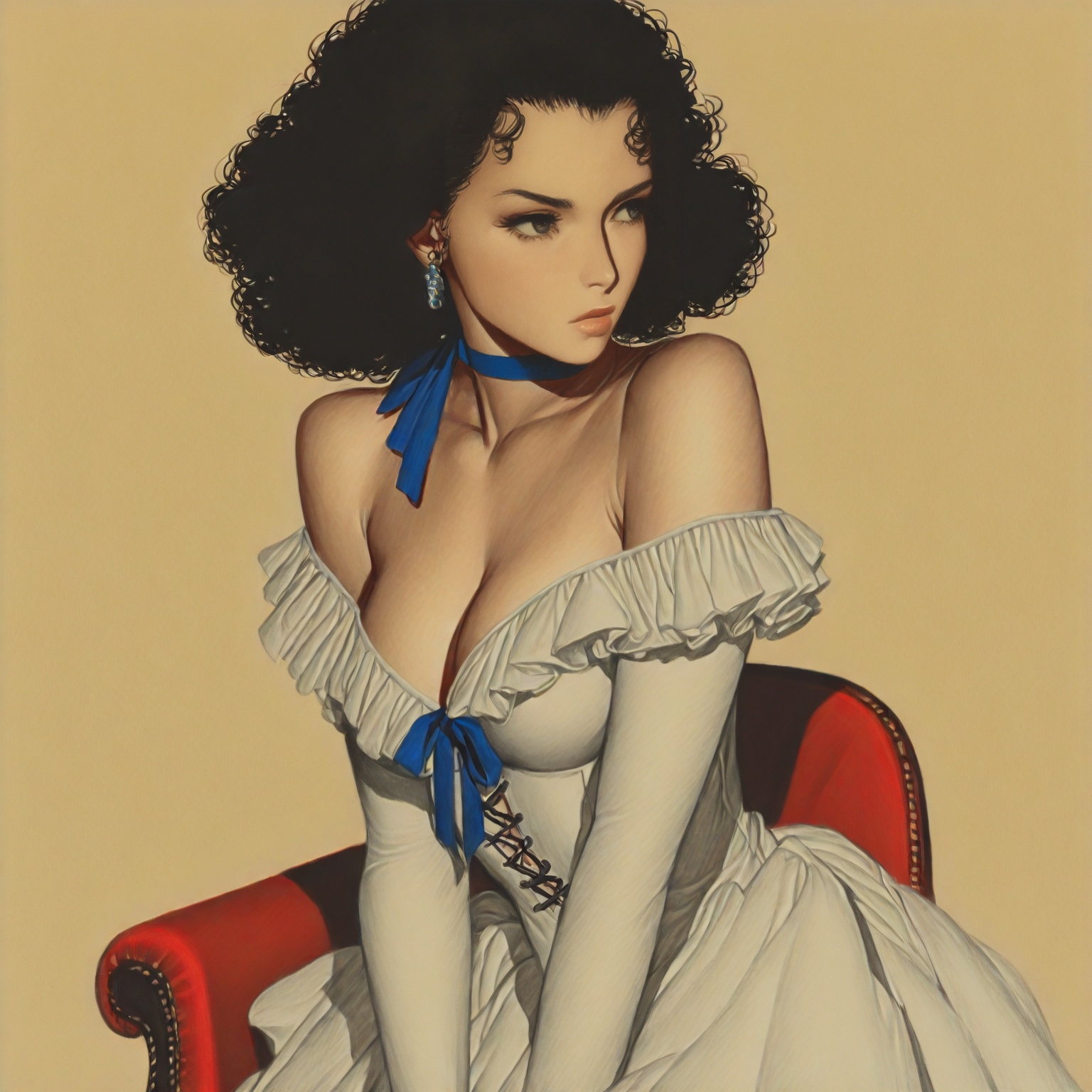 ArsMJStyle,  Colored pencil hyperdetailed realism,  The image is a portrait of a young woman with dark curly hair. She is...