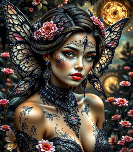 A breathtaking image of a dark fairy,  immersed in a world of intricate details and vibrant colors,  reminiscent of late 1...