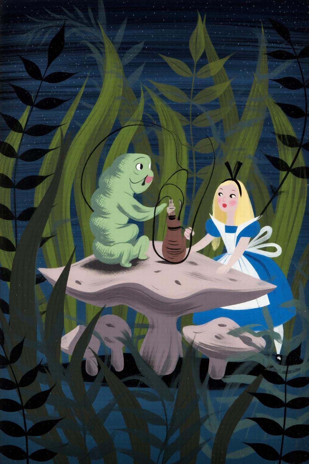 maryblair4q illustration.A large green caterpillar,  shown in side profile,  sits on a giant mushroom. A girl in a blue dr...
