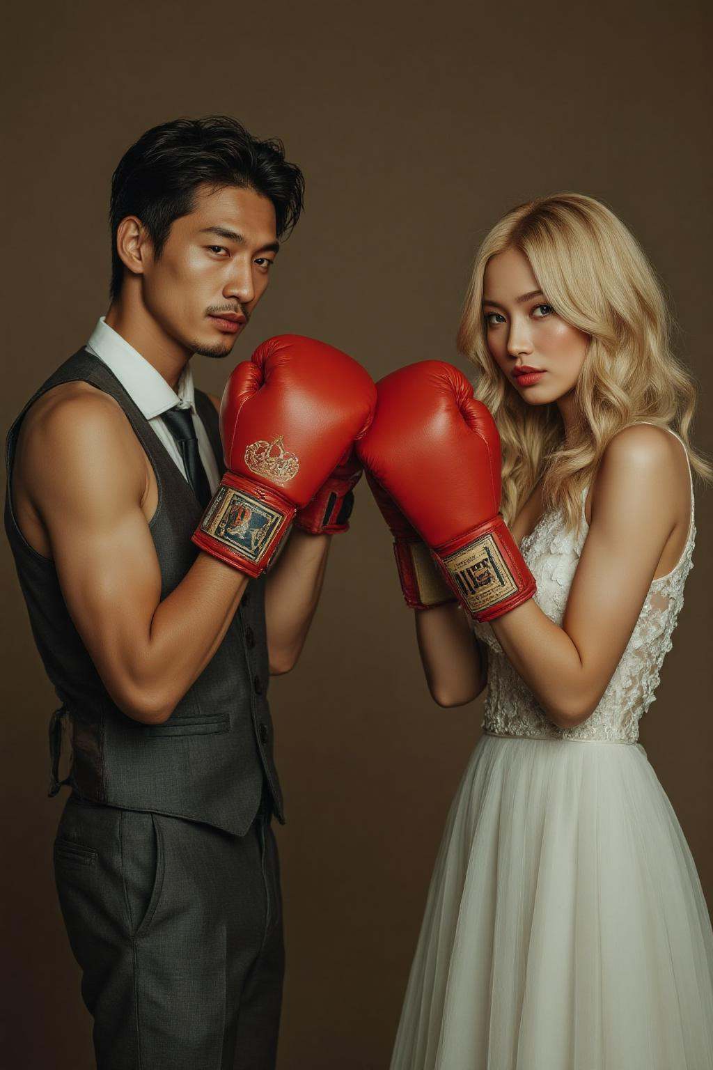 midjourney photograph.A asian man and a blonde woman boxing at a wedding. They are wearing red boxing glove on Tensor.Art
