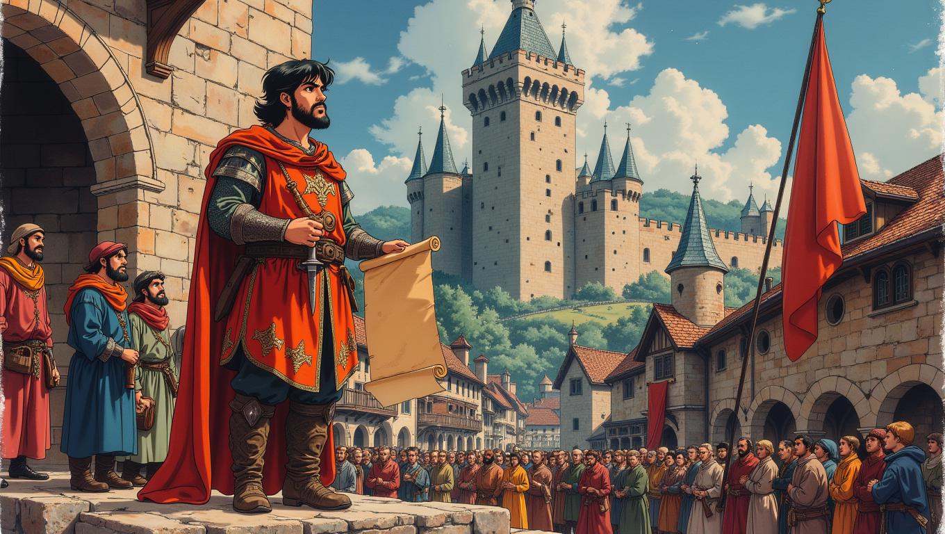 A medieval herald,  dressed in bright,  heraldic colors on Tensor.Art