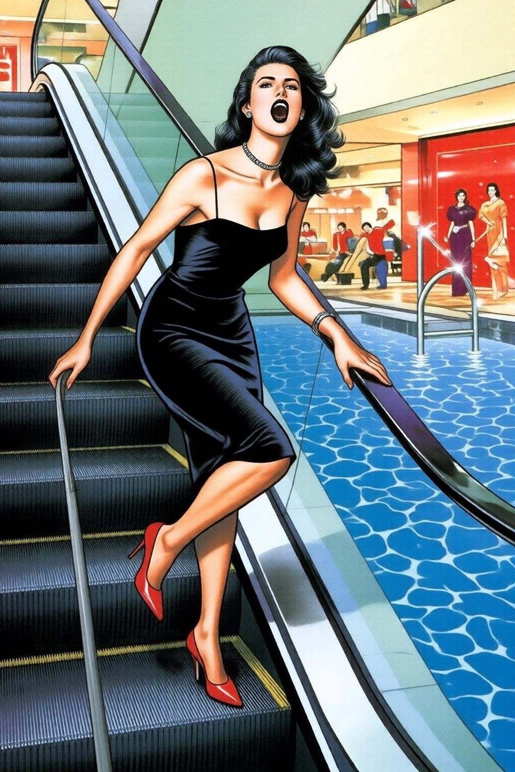 ryoichiikegami2q illustration.a woman in a chic little black dress and vibrant red high heels,  gracefully descending an e...