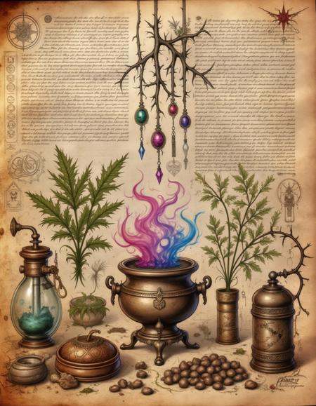 spllbkpg,  The composition reveals an alchemists inventory,  set against a parchment stained with time and adorned with my...