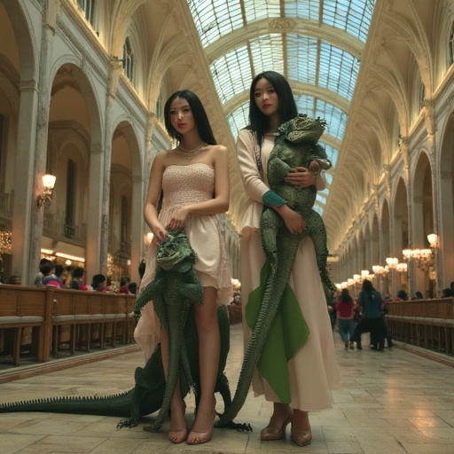 kpop concept photo,  2girls in Italian cathedral holding iguanas,  floating computers on Tensor.Art