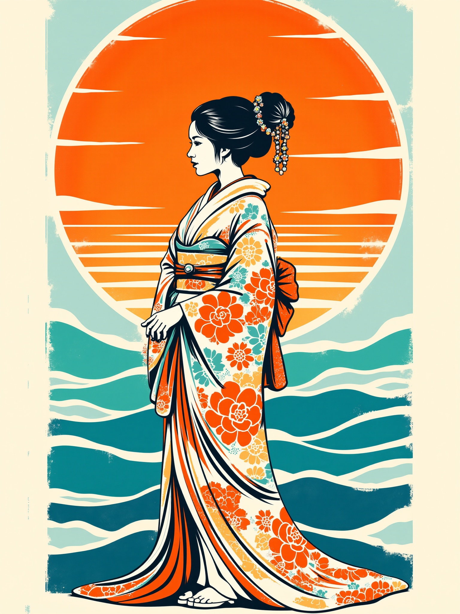 woman standing in a futuristic cityscape,  colored panels,  flat colors on Tensor.Art