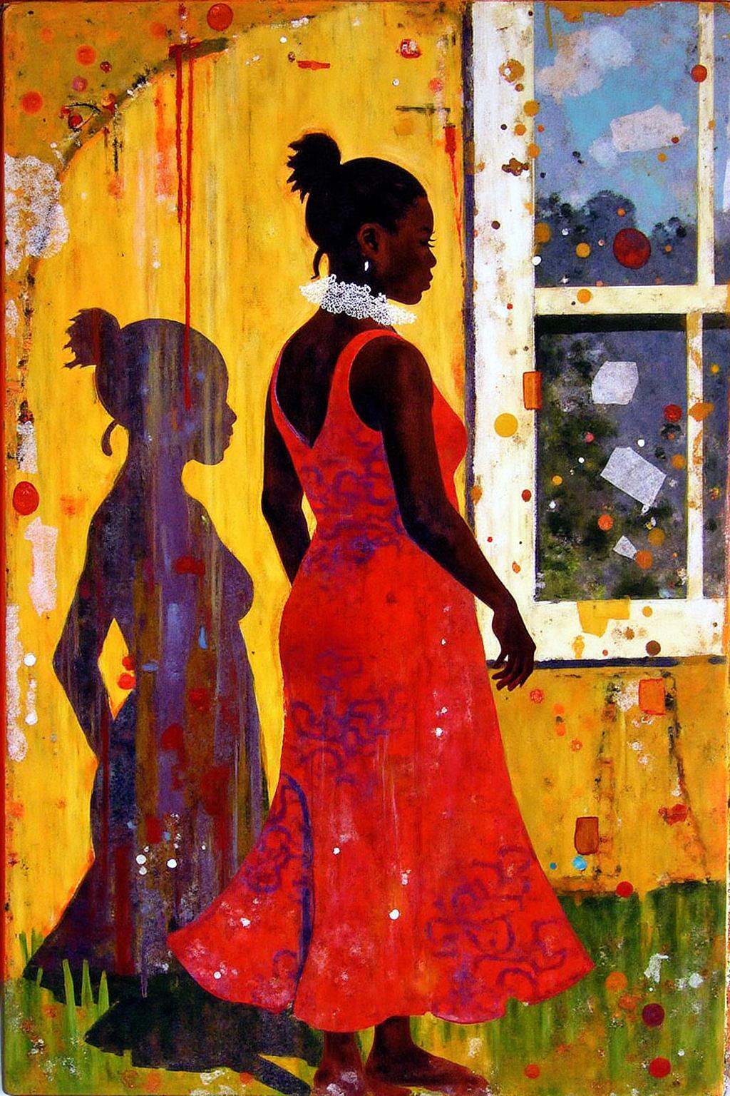 mixed media collage.a painting of a woman in a red dress,  adorned with a white lace collar,  stands in front of a window....