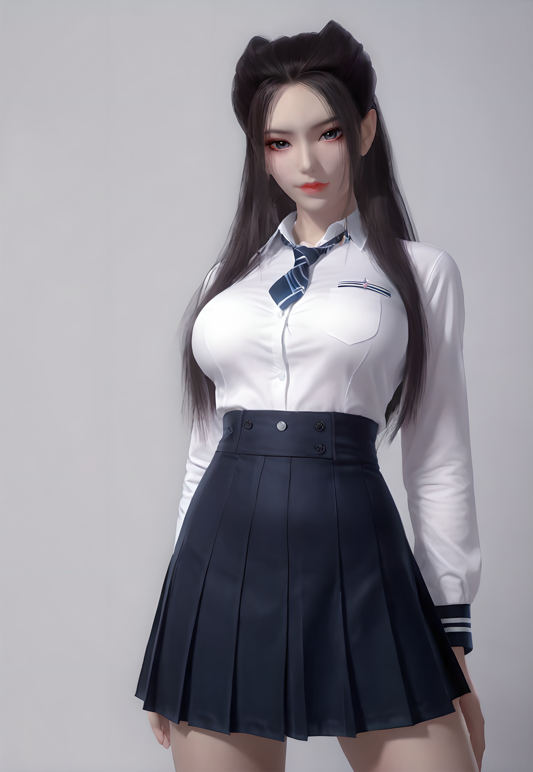 score_9,score_8_up,score_7_up,<lora:SF_YanLingJiBlueCothes_Pony-000004:0.7>,1girl,solo,standing,white school uniform,black skirt,breasts,large breasts,highleg,red lips,jewelry,looking at viewer,white background,