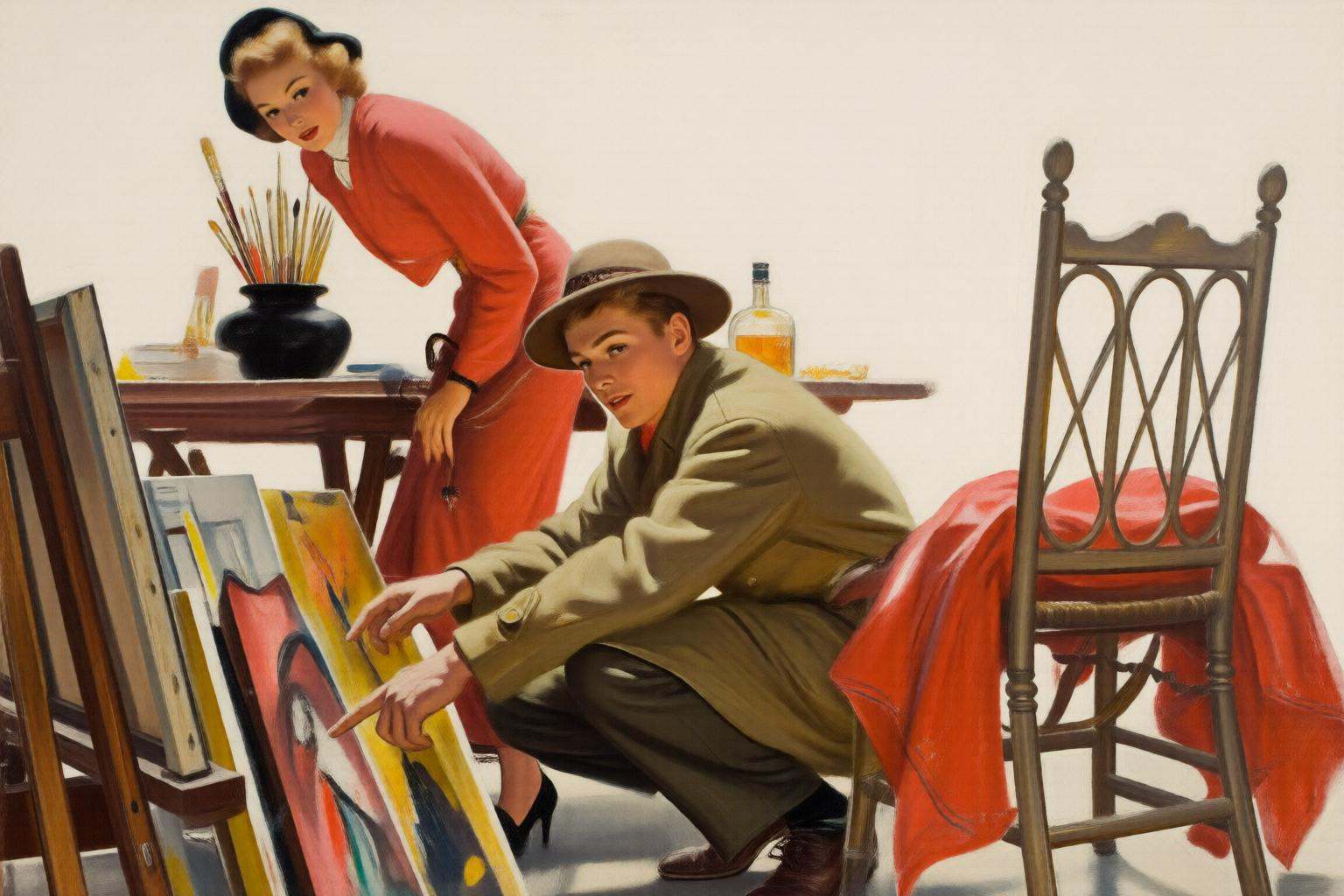 walterbaumhofer2q illustration. In the center,  a young man in a light-colored coat and hat crouches and points at a paint...