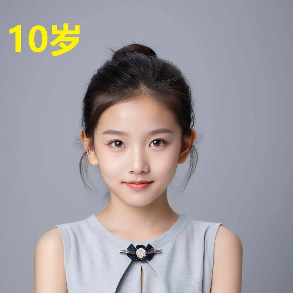 leogirl,A 10-year-old woman,portrait photo,facial focus,photo taken,fashionable and simple,Chinese ethnicity,soft gray background,natural lighting,high-resolution clarity,contemporary portrait,gentle,fashionable and avant-garde,simple accessories,details with strong contrast between skin color and neutral background,looking at the audience,
