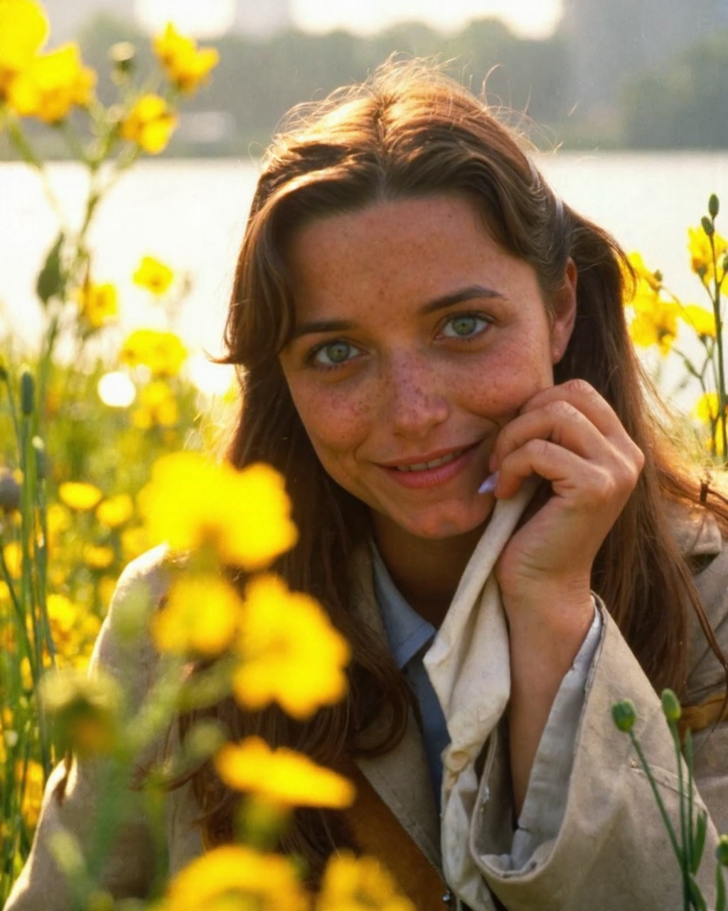 A high-resolution photograph of karen_allen standing amidst a vibrant field of yellow canola flowers. She is Caucasian wit...