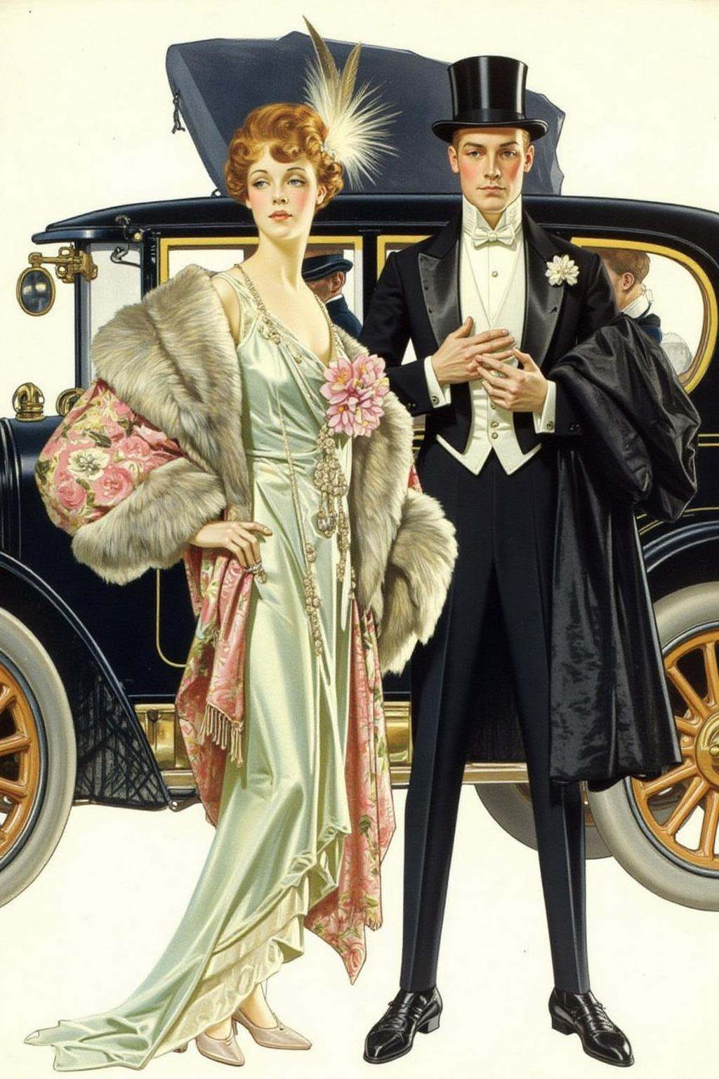 jcleyen1 painting.A couple in formal attire standing in front of a classic car from the 1920s. The woman on the left is dr...
