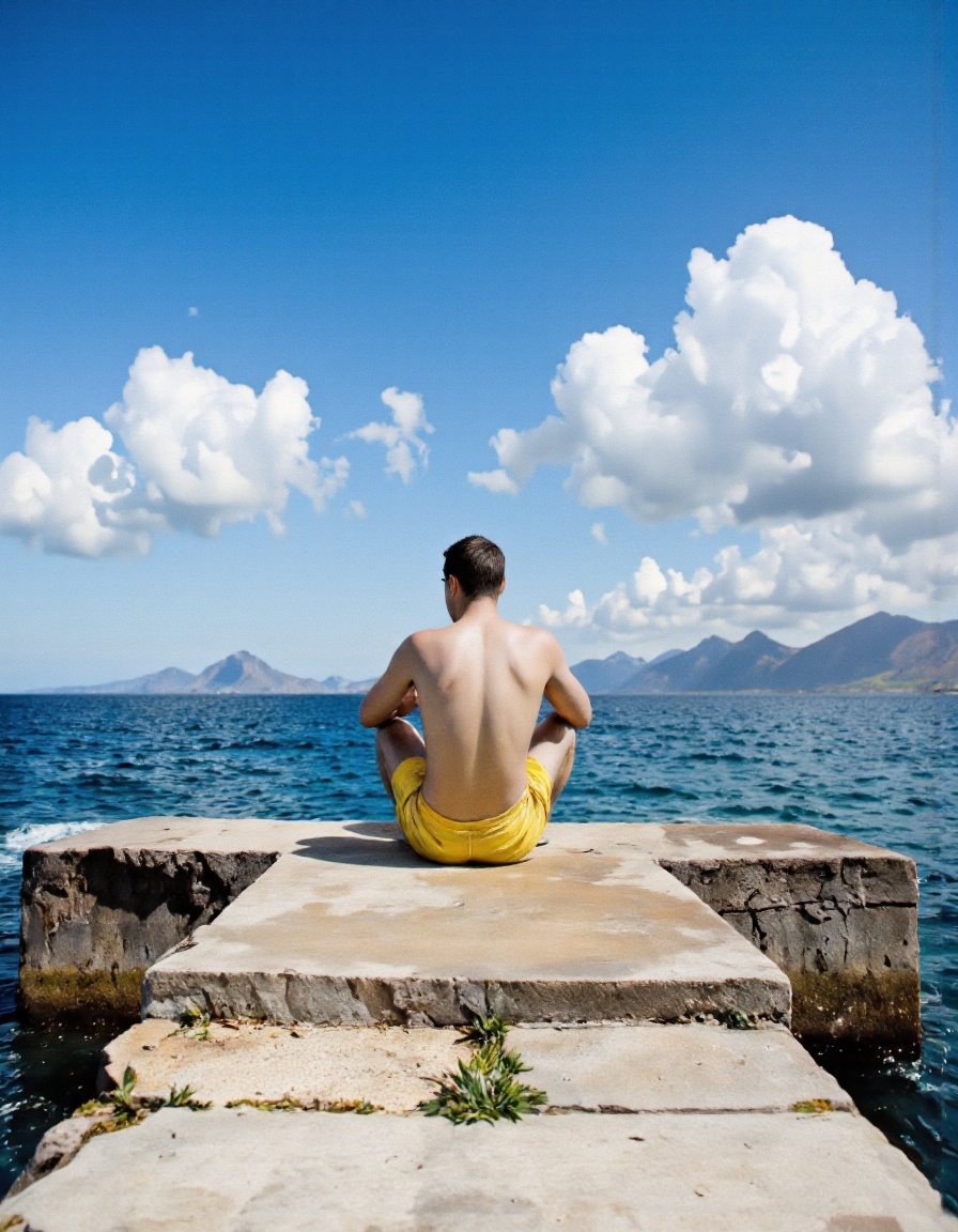 By Ibai Acevedo. A photo-realistic shoot from the side about a man sitting on a pier looking out over the ocean,  wearing...