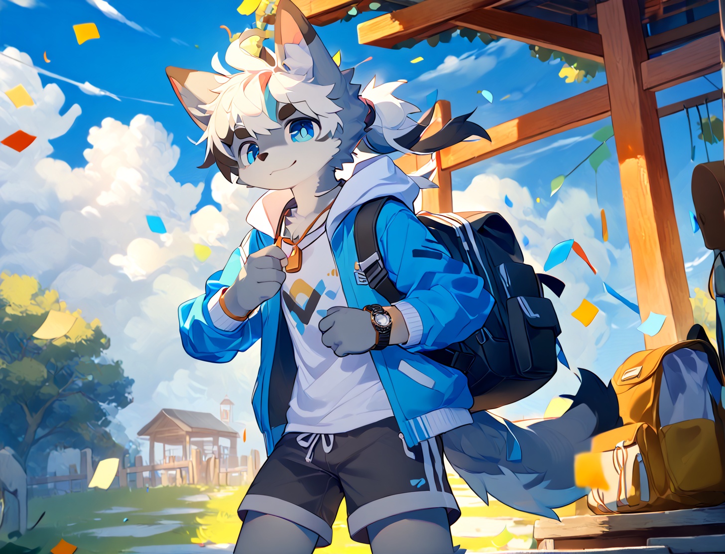 1boy,solo,looking at viewer,smile,short hair,bangs,blue eyes,shirt,long sleeves,1boy,holding,animal ears,jewelry,closed mouth,standing,jacket,white shirt,ponytail,ahoge,white hair,male focus,multicolored hair,cowboy shot,outdoors,open clothes,sky,shorts,day,cloud,hood,necklace,bag,open jacket,blue sky,short shorts,:3,black shorts,thick eyebrows,backpack,blue jacket,bandaid,hooded jacket,furry,watch,shoulder bag,furry female,drawstring,bandaid on face,confetti,white fur,grey shorts,animal nose,whistle,body fur,anthro,