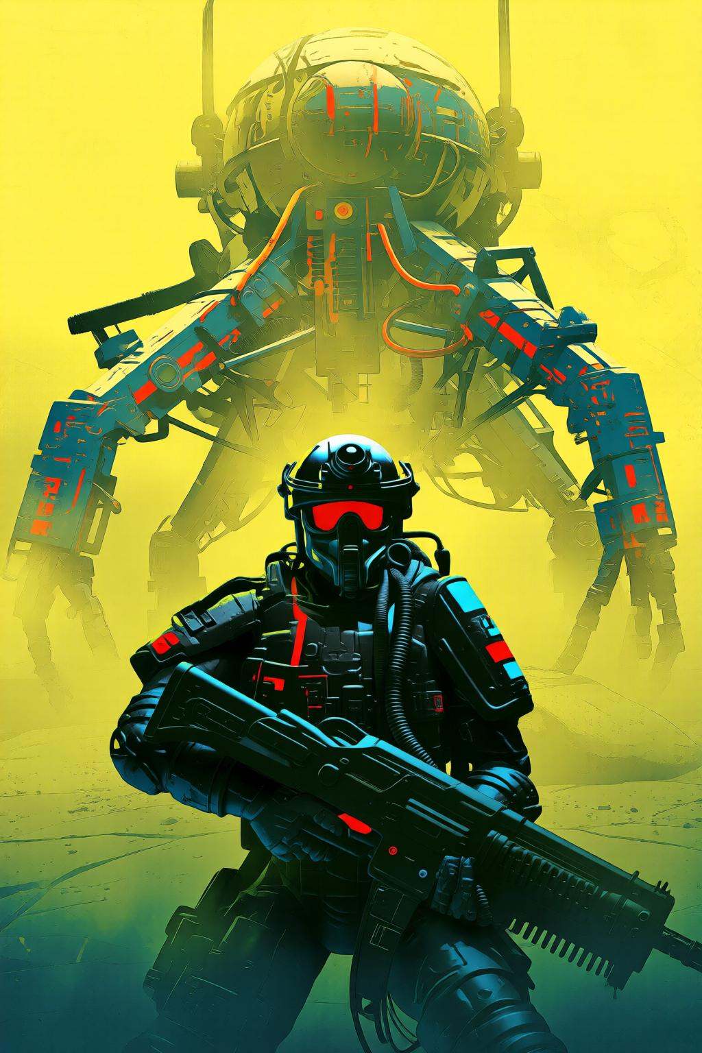pascalblanche2q illustration.A soldier in a black armored suit with red and blue accents stands in front of a large mechan...
