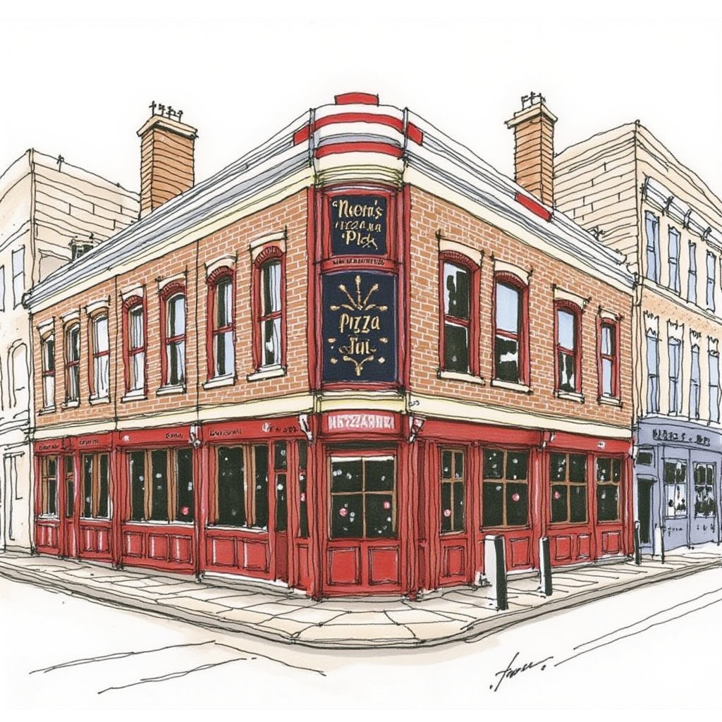 A watercolor painting of a row of three-story brick buildings with red accents and white trim. The building in the center has a sign that reads "Nero's Pizza Bar" in elegant script. The windows are large and framed in red, with some curtains visible inside. The buildings have chimneys and are surrounded by a sidewalk and street. The scene is urban and charming, with a warm and inviting atmosphere. The artist's signature is in the bottom right corner., <lora:flux_速写风格_建筑画:1>