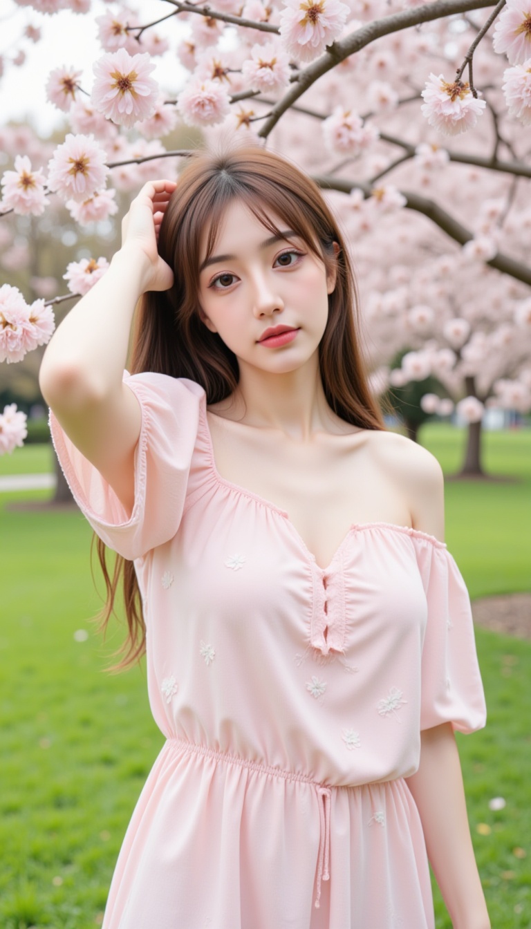 A young woman with long,  straight brown hair and fair skin stands in a park under blooming cherry blossom trees. She is w...