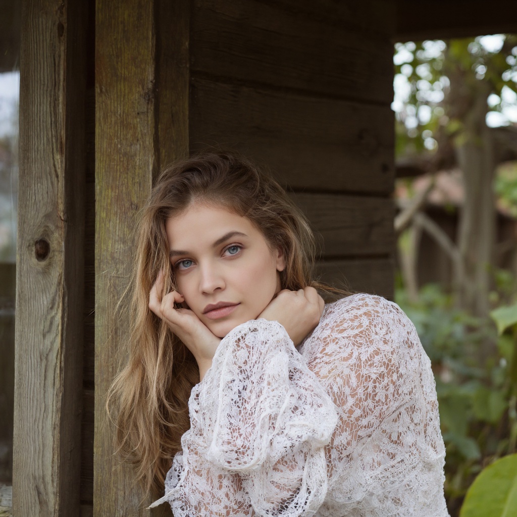 A portrait of barbara_palvin,  captured in a candid moment,  leaning against a wooden structure. She wears a delicate whit...