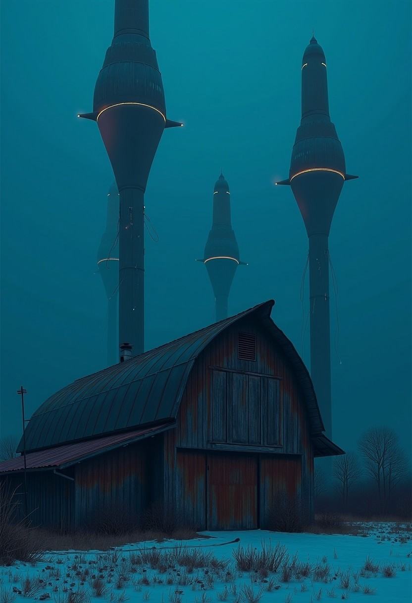 Simonstalenhagstyle,  an atmospheric,  surreal landscape at twilight with a large on Tensor.Art