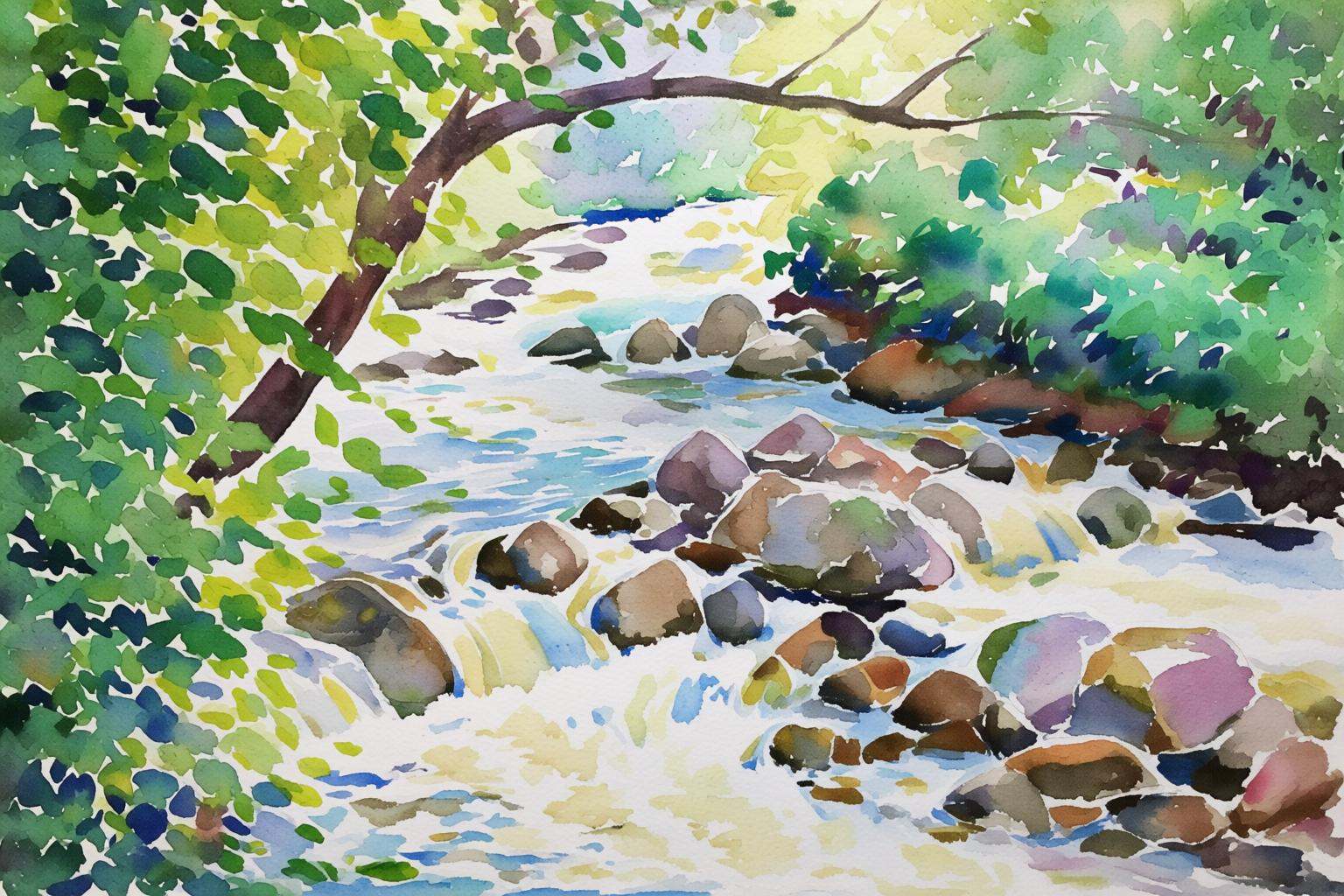 watercolorbasic2q watercolor painting. A stream flowing through a forest. There are rocks of various sizes in the stream....