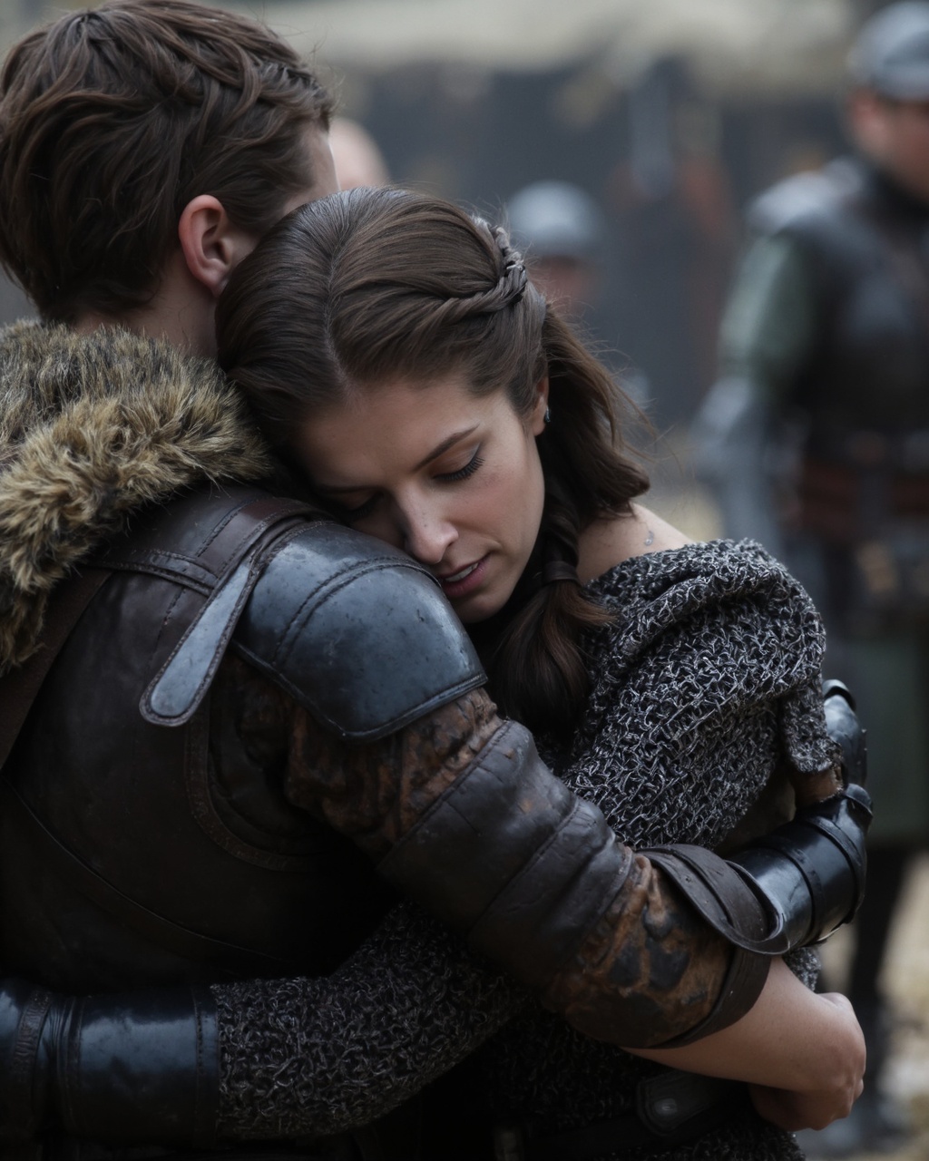 A close-up shot of anna_kendrick with long,  wavy black hair in a braided hairstyle,  embracing anna_kendrick tightly. She...