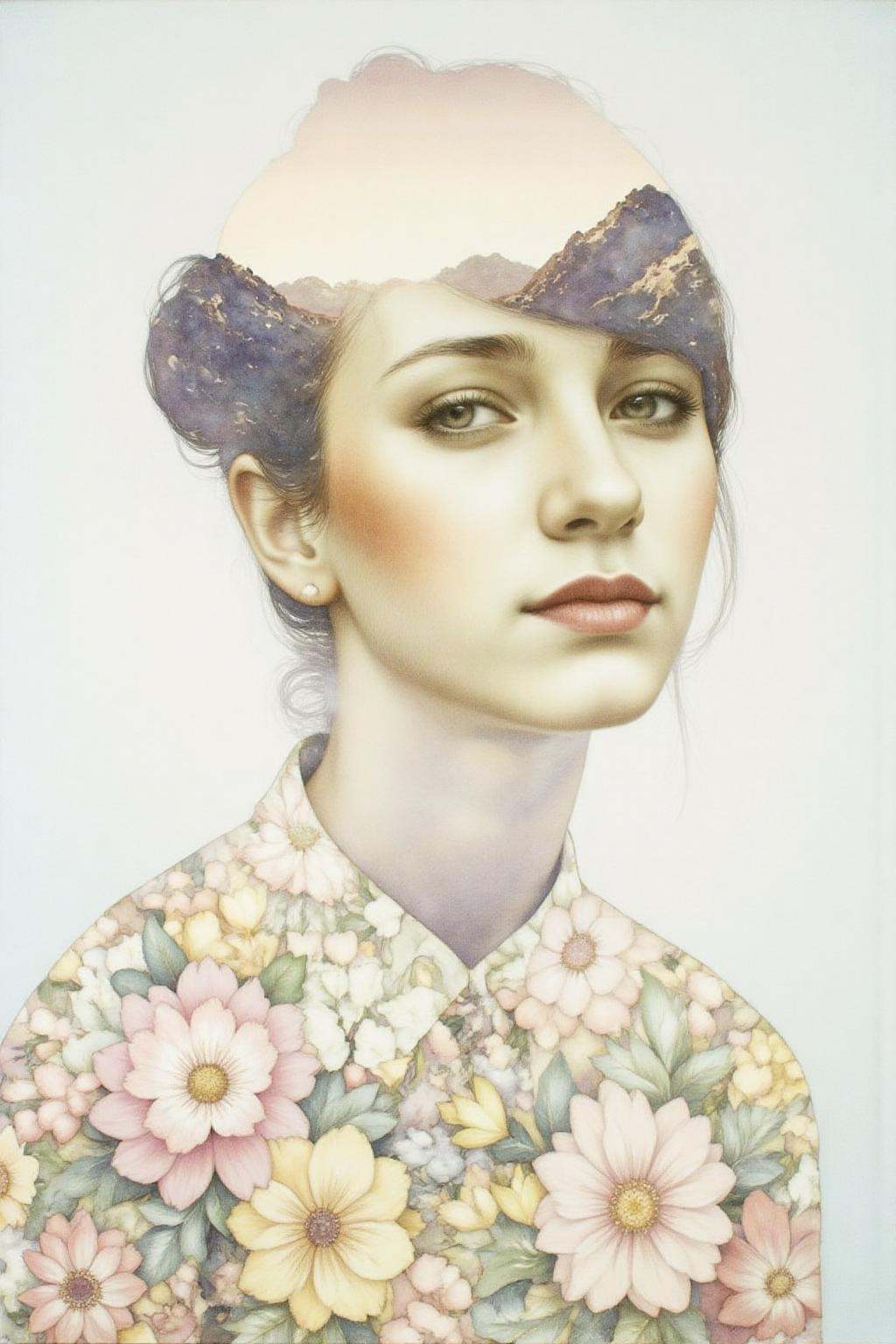 Portrait painting. A woman's face seamlessly integrated with a landscape scene. Her hair is styled in a bun,  and she is w...