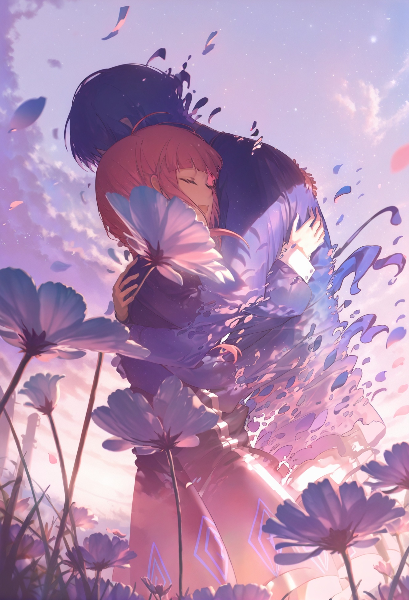 masterpiece,best quality, score_9,score_8,score_7_up,score_6_up,kaf \(kamitsubaki studio\), 1girl, sky, flower, petals, closed eyes, virtual youtuber, hug, pink hair, outdoors, star \(sky\), long sleeves, falling petals <lora:konyakarasueXLlokr4f-000140:0.95>