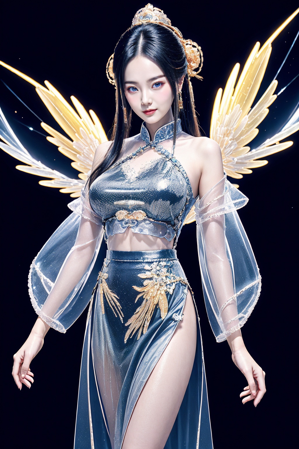1girl, smirk, solo, multicolored crystal and gem, (see-through blue chinese clothes:1.5), long hair, (short skirt:1.3), glowing, large breasts, wings, glowing see-through leotard, bare shoulders, (glowing light particles background:1.3),