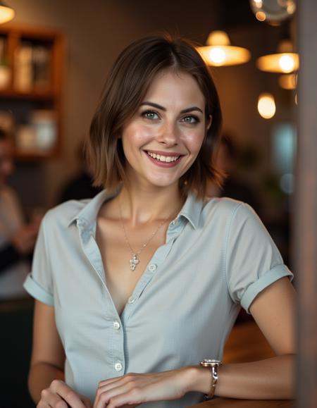 This is an image of a woman,  brown hair bob cut,  standing in a cafe looking at the viewer smiling on Tensor.Art