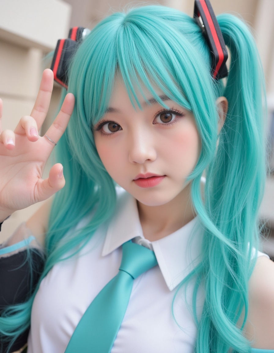 photo of SuchCosPlay .hiec - fair skin,  full body of Hatsune Miku,  young beautiful girl on Tensor.Art