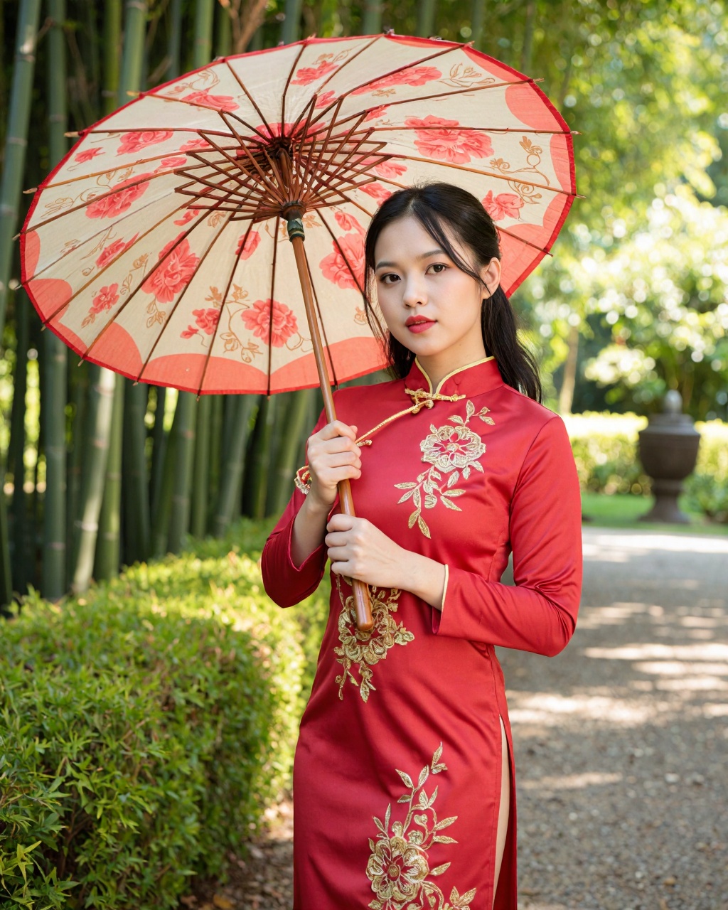 The photograph captures a young East Asian woman standing outdoors in a serene,  lush garden setting. She is wearing a tra...