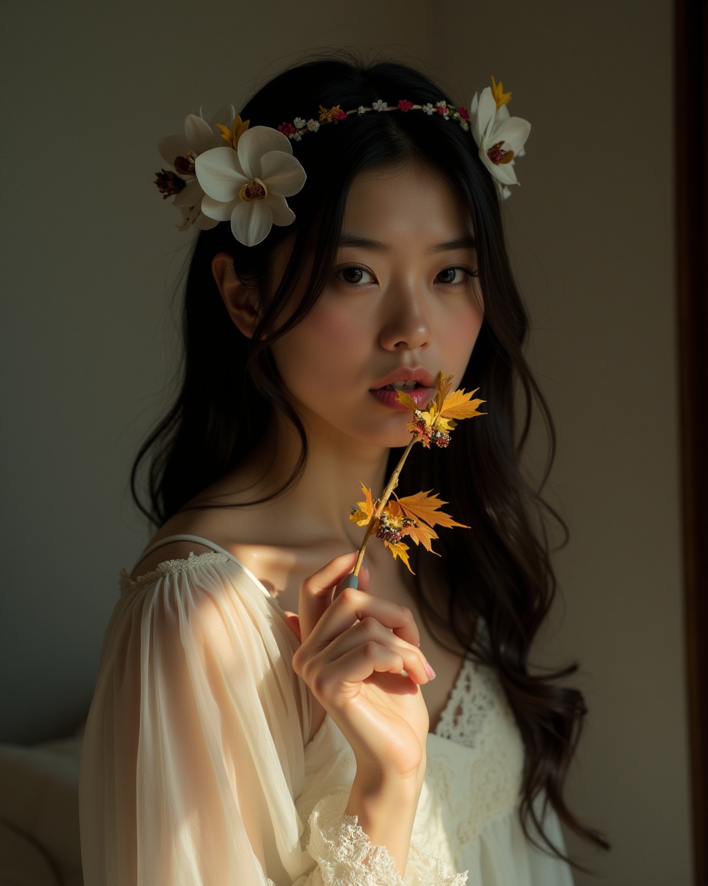 a photograph in soft,  warm light of a young east asian woman with long black hair,  adorned with a hairpiece of white orc...
