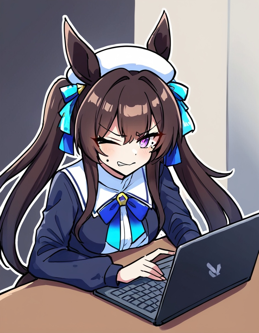 zmgwshnmspfd, 1girl, vivlos \(umamusume\), umamusume,zmgwshnmspfd, animal ears, horse ears, horse girl, twintails, brown hair, hair between eyes, long hair, hat, white headwear, ribbon, breasts, streaked hair, horse tail, tail, mole, hair ornament, mole under eye, multicolored hair, purple eyes, white hair, medium breasts, beret, blue eyes, earrings, single earring, laptop, one eye closed, v, looking at viewer, jewelry, smile, blush, computer, simple background, solo<lora:zmgwshnmspfd:1>​​​