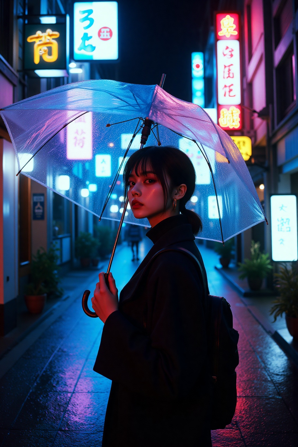kodakfilm,  A cinematic film portrait of a stylish Japanese woman walking through a neon-lit alleyway in Shinjuku at night...