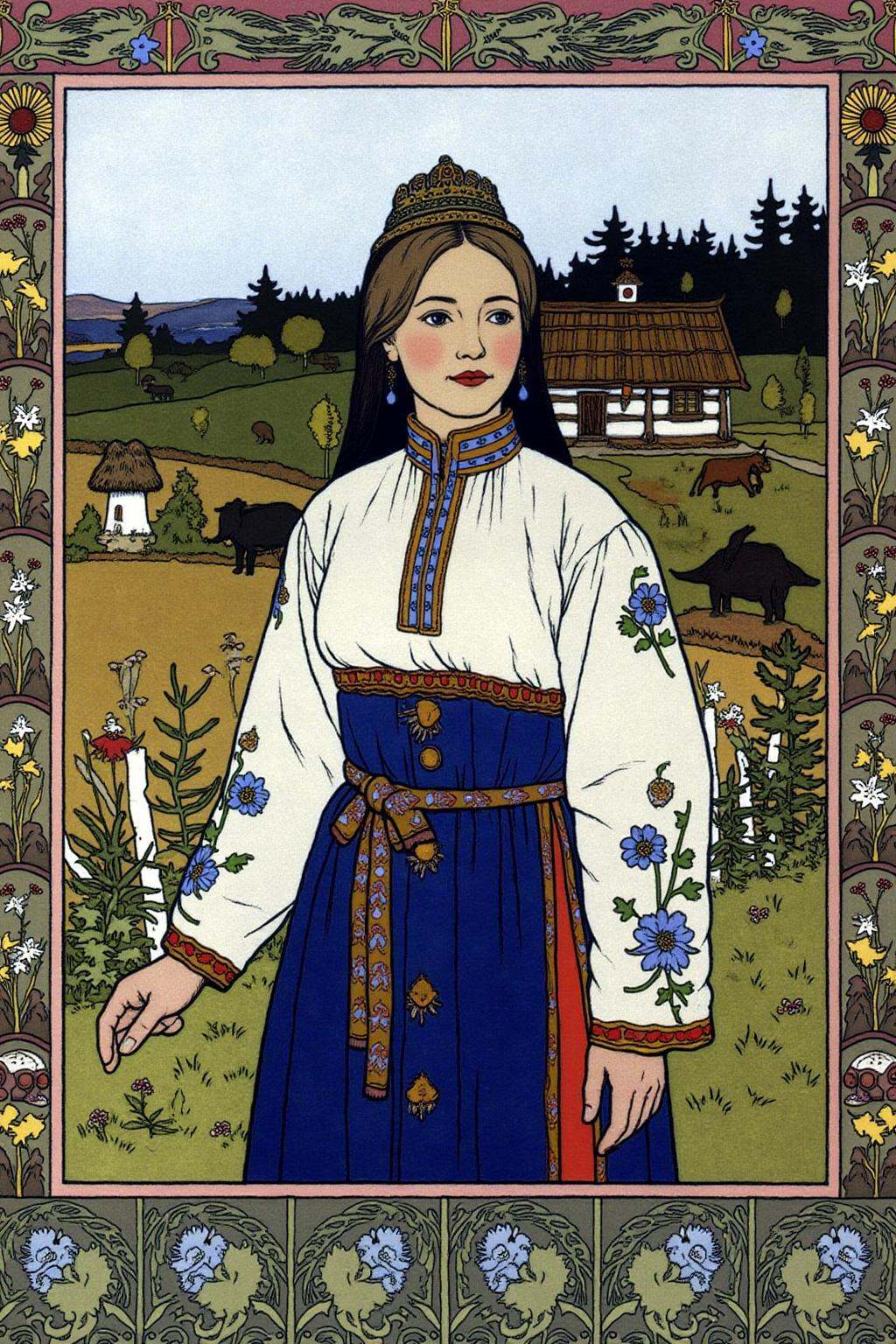ivanbilibin1 illustration.A noblewoman stands in a pastoral landscape,  dressed in traditional attire. She wears a white b...