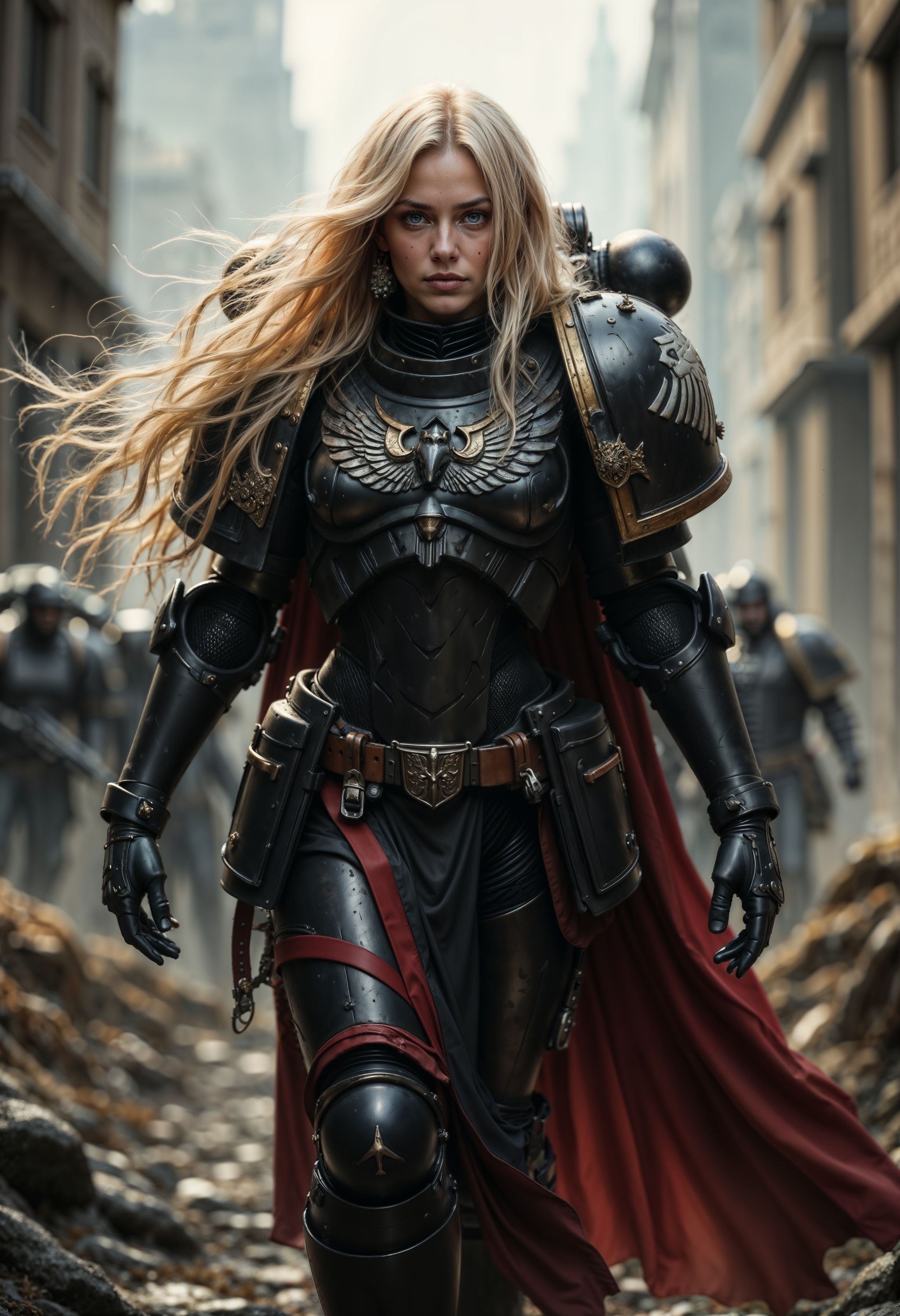 ultra realistic woman with long flowing blonde hair,  wearing RavenG40k armor walking in a battlefield on Tensor.Art
