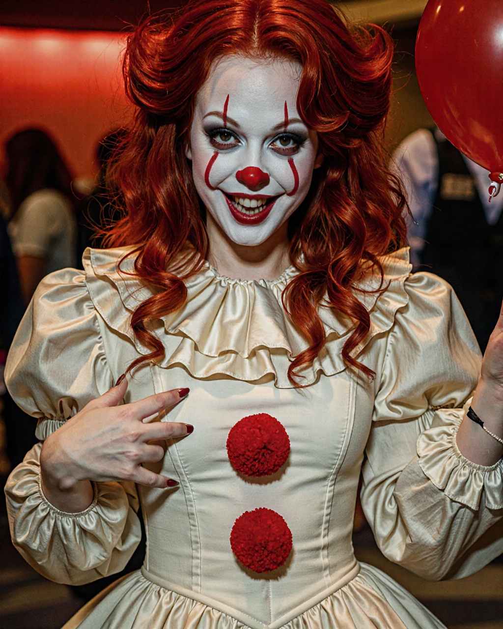 This photograph captures a striking,  gothic-inspired cosplay of Pennywise the Dancing Clown,  a character from the horror...