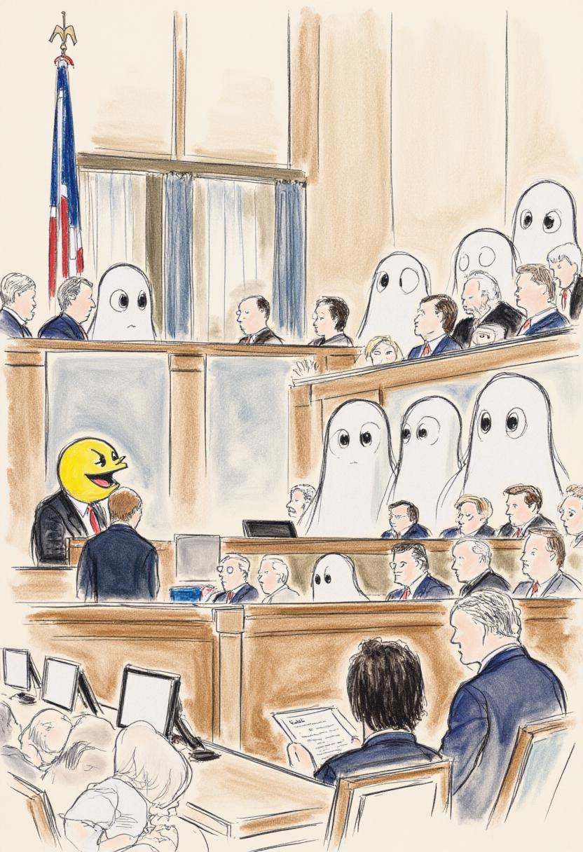 This is a detailed,  hand-drawn courtroom scene in a sketchy,  watercolor style depicting Pac-Man on trial on Tensor.Art