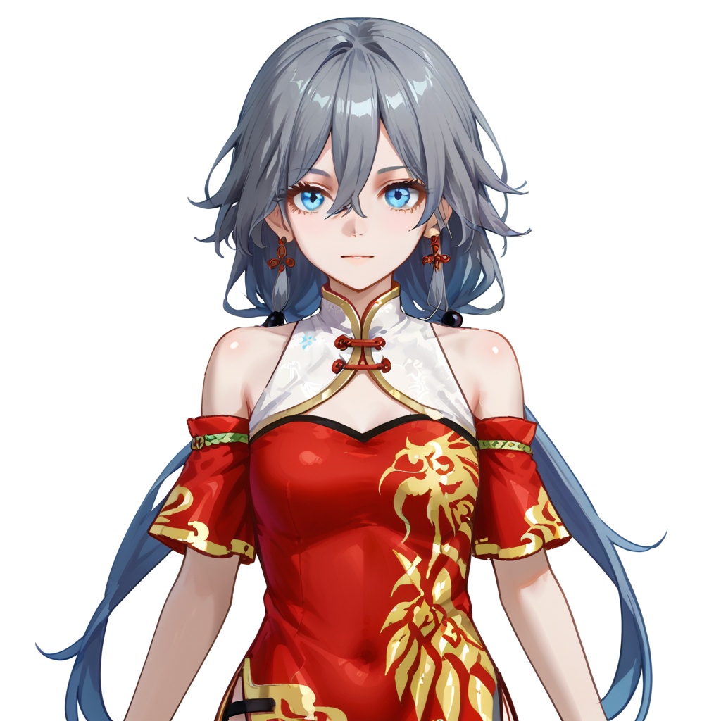 (white background:1.2),looking at viewer,(SOLO:1.4),outline,simple background,upper body, cowboy shot,looking at viewer,(((arms at side))),   fu hua, long hair, bangs, blue eyes, hair ornament, hair between eyes, grey hair, blue hair, low-tied long hair, dress, chinese clothes, china dress, bare shoulders, short sleeves, jewelry, red dress,white dress<lora:xqqp-red-pony:0.8>