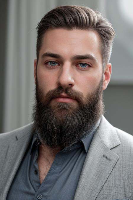 RAW photo,  portrait of a beautiful man with a beard in a grey suite,  full sharp on Tensor.Art