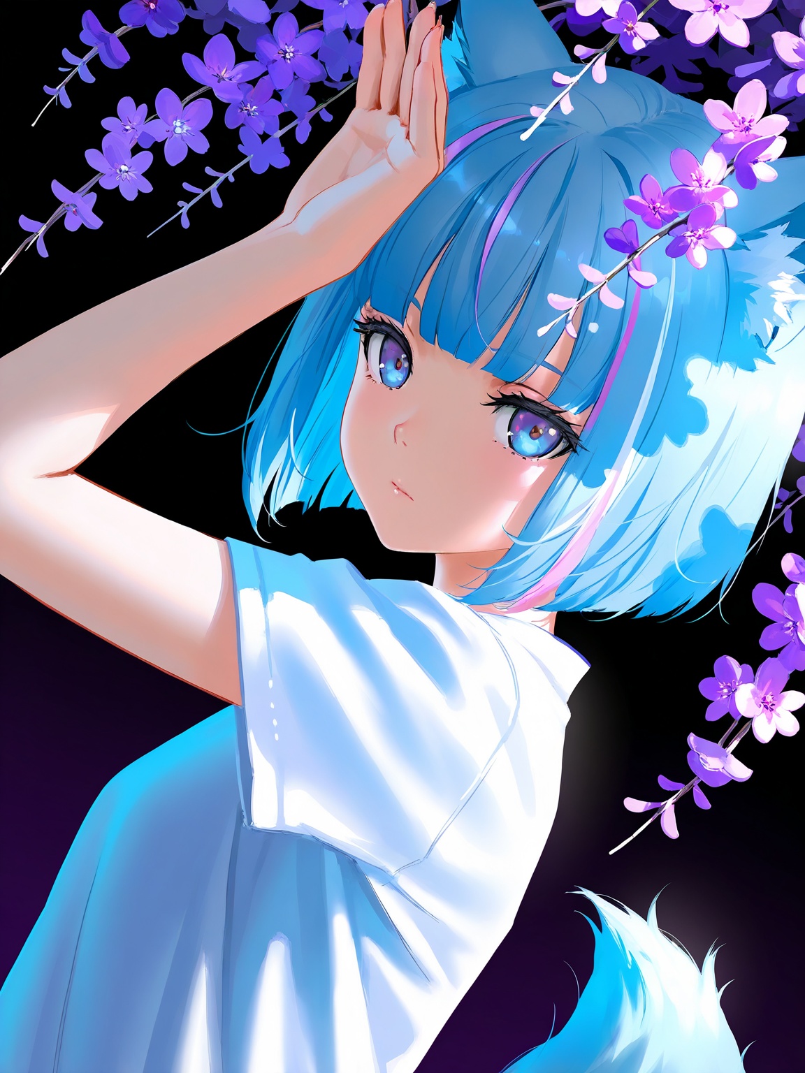 by lack|fuzichoco|lam|kinta \(distortion\)|wlop|quasarcake|nixeu|happoubi jin,phony_(cevio), 1girl, arm up, puple hair, streaked hair, blue eyes, bob cut, closed mouth, expressionless, hand up, looking at viewer, rabbit pose, short hair, short sleeves, simple background, solo, upper body,floral background, purple flower, dark, black background, purple background, split theme, fox tail, tree shade, dappled moonlight, from side, dutch angle,masterpiece, best quality, very aesthetic, absurdres
