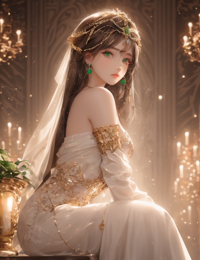 1 girl, A Central Asian princess, she has dark green eyes, {brown hair: 1.1}, long hair, white dress, and some gold jewelry inlaid with green gems on her head. She looks sideways into the distance, In the background is a palace, Inside the palace, hime cut, sitting sideways, an extremely delicate and beautiful, an extremely delicate and beautiful, an extremely delicate and beautiful girl, extremely detailed, beautiful detailed eyes, bare shoulder, detailed light, shine, hairs between eyes, <lora:HouTu:0.5> ,<lora:Festive_Bokeh_Anime:1>