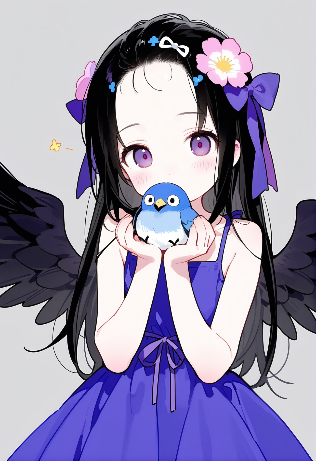 High Elite loli 1girl long hair solo bangs pinned back black hair black wings dress happy birthday wings purple eyes purple dress looking at viewer covered mouth hair ornament feathered wings hair bow bow very long hair forehead covering own mouth ribbon purple ribbon hair flower flower grey background purple bow hugging tail hands up bird wings hair ribbon english text upper body animal holding blue ribbon entangled simple background sleeveless dress bird cowboy shot string,