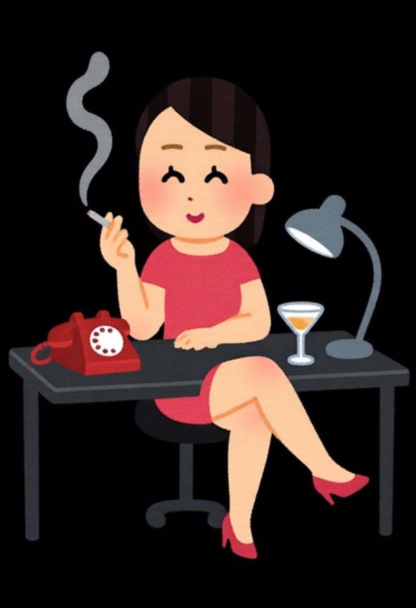 irasutoya3q illustration. A woman is sitting on a black desk. She is dressed in a red dress,  stockings,  and high-heeled...