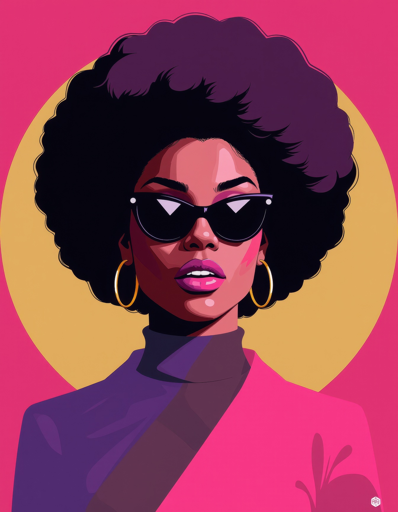 A highly stylized graphic portrait of a confident woman rendered in bold minimalist pop-art form,  pure vector geometry an...